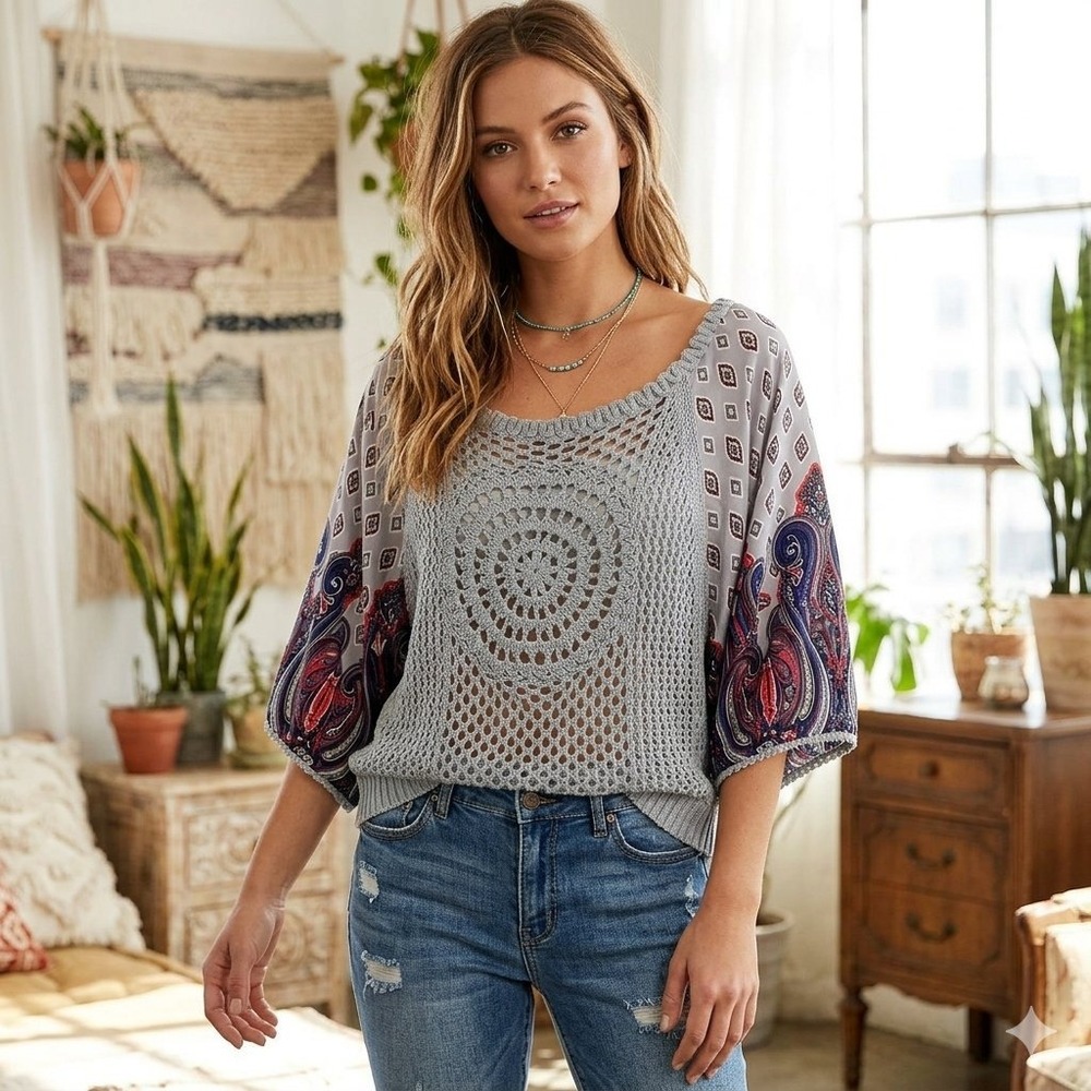 Entro Womens Crochet Knit Paisley Mixed Media Top Blue Boho Scoop Neck M T4404